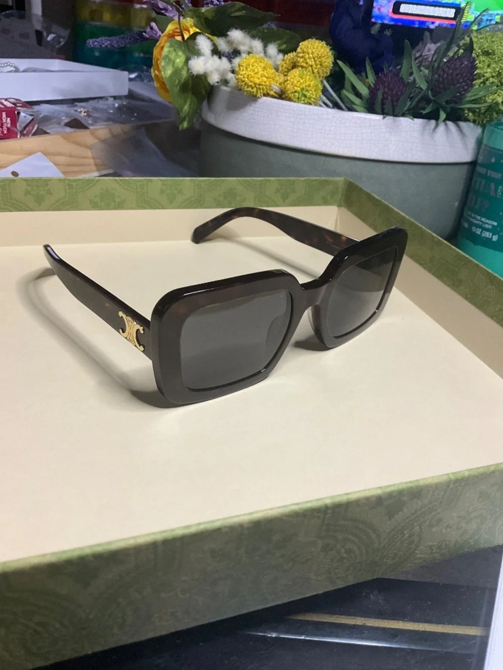 Celine Triomphe CL40304U 52A Dark Brown Havana With Gold/Grey Square